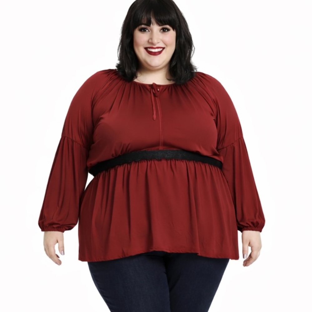Drop Shoulder Black Lace Burgundy Peplum Tunic Whimsigoth Corporate Goth Top 2X